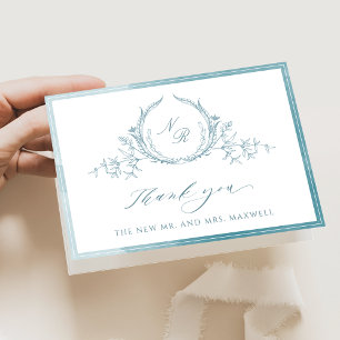 Tarjeta De Agradecimiento Elegante Monogramado de Vidrio Marítimo, Boda de a