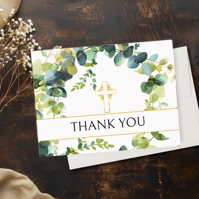 Tarjeta De Agradecimiento Elegante Monumento a Eucalyptus Gold Cross Gracias (Elegant Eucalyptus Gold Cross Memorial Thank You Cards)