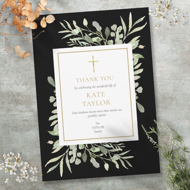 Tarjeta De Agradecimiento Elegante monumento conmemorativo del funeral de la (Elegant Gold Black Greenery Funeral Memorial Thank You Card)