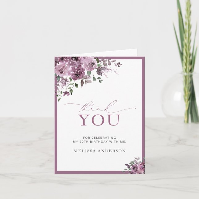 Tarjeta De Agradecimiento Elegante Morado Floral 90 cumpleaños Gracias (Anverso)