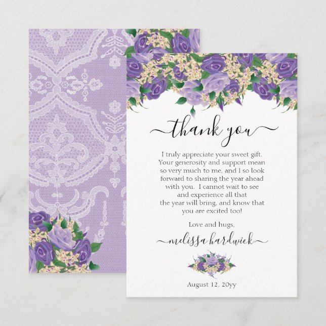Tarjeta De Agradecimiento Elegante Morado Floral | Fiesta de cumpleaños de L (Anverso / Reverso)