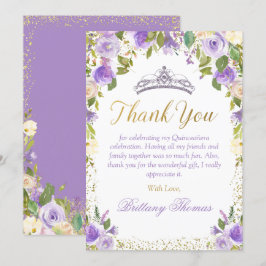 Tarjeta De Agradecimiento Elegante Morado Floral Sparkle Gold Quinceanera