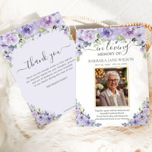Tarjeta De Agradecimiento Elegante morado Lilac Floral Photo Funeral Memoria