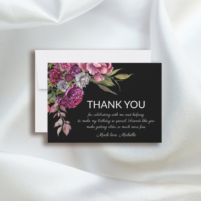 Tarjeta De Agradecimiento Elegante morado rosado floral negro cumpleaños (Subido por el creador)