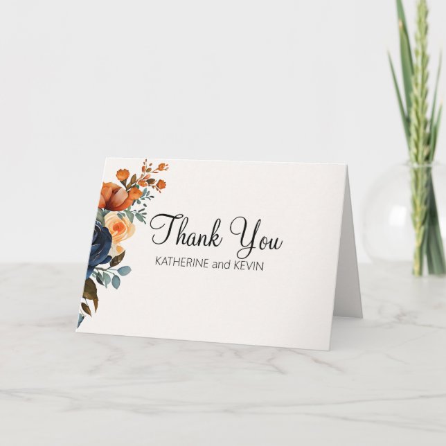 Tarjeta De Agradecimiento Elegante Naranja azul de la marina acuarela floral (Anverso)