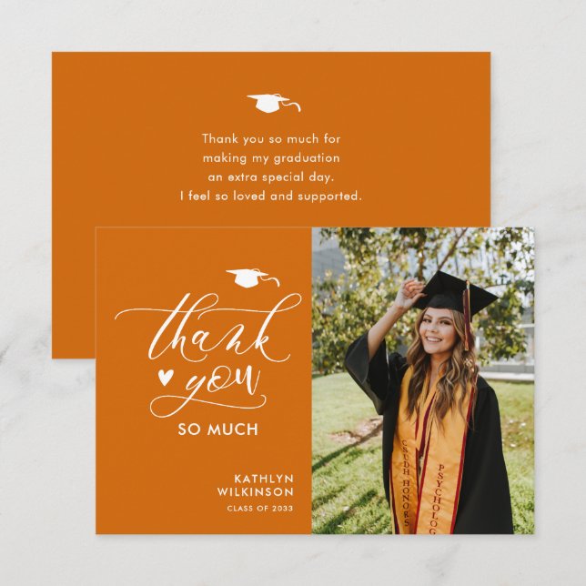 Tarjeta De Agradecimiento Elegante Naranja de escritura foto graduación Mini (Anverso / Reverso)