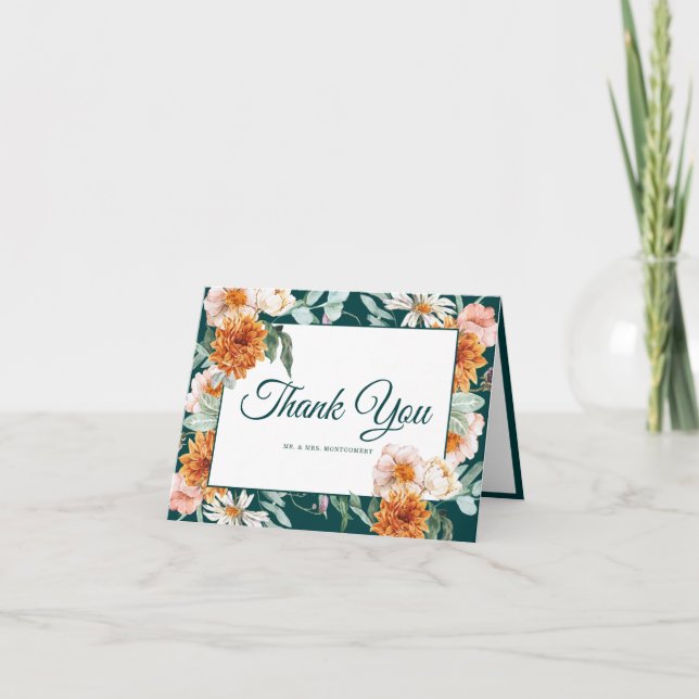 Tarjeta De Agradecimiento Elegante Naranja quemado Verde azulado Boda floral (Anverso)
