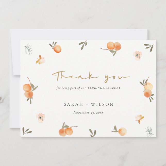 Tarjeta De Agradecimiento Elegante Naranja suave  verde Floral Boho Boda (Anverso)