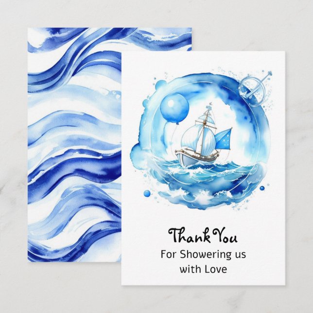 Tarjeta De Agradecimiento Elegante Nautical Watercolor Boy Baby Shower (Anverso / Reverso)