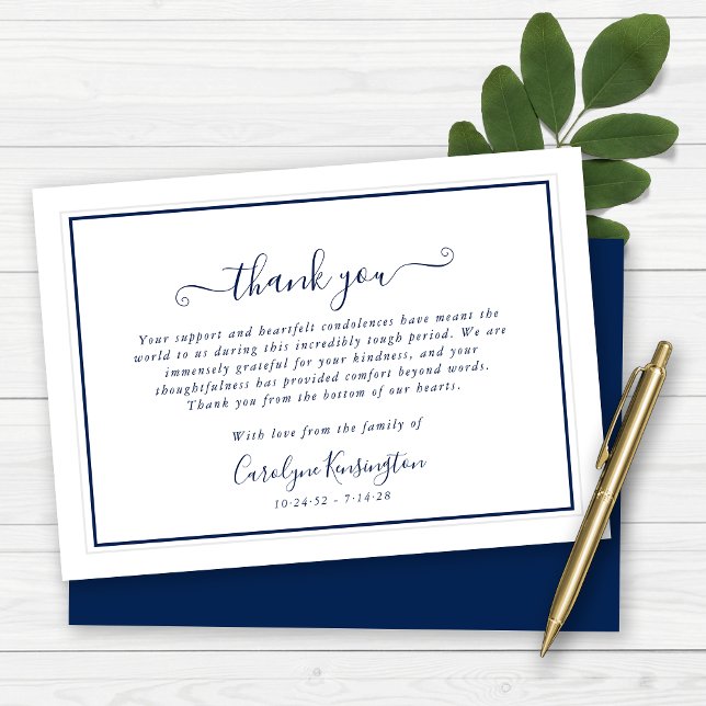 Tarjeta De Agradecimiento Elegante Navy Blue White Sympathy Gracias (Elegant Navy Blue White Sympathy Thank You Note Cards)