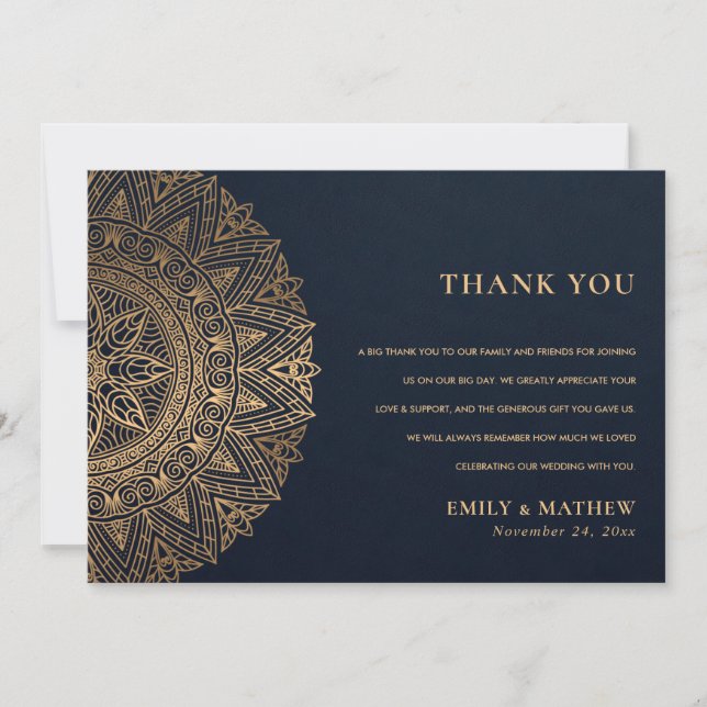 TARJETA DE AGRADECIMIENTO ELEGANTE NAVY GOLD CLASSIC ORNATE MANDALA BODA (Anverso)