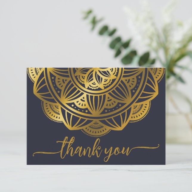 Tarjeta De Agradecimiento Elegante Navy Gold Mandala Gracias (Anverso de pie)