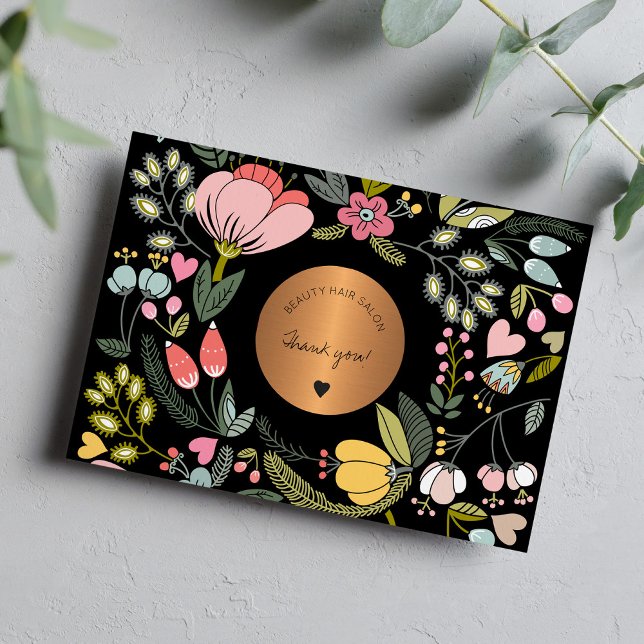 Tarjeta De Agradecimiento Elegante negocio floral negro y rosa pastel (Subido por el creador)