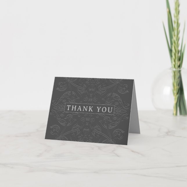 Tarjeta De Agradecimiento Elegante negro y gris | Boda Ornate (Anverso)
