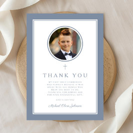 Tarjeta De Agradecimiento Elegante Niño Foto Azul Polvoriento Primera Comuni