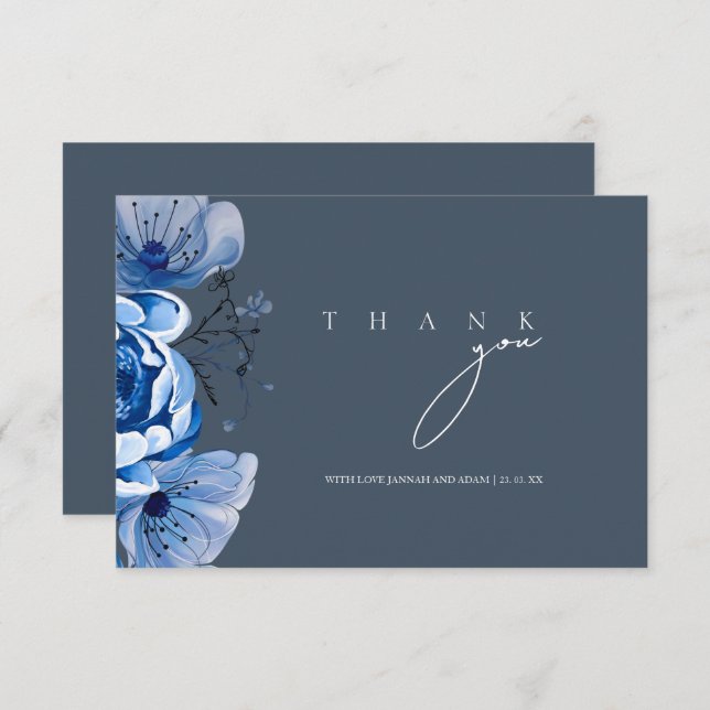 Tarjeta De Agradecimiento Elegante Opulencia de Rosas Florales Azul Real Bod (Anverso / Reverso)