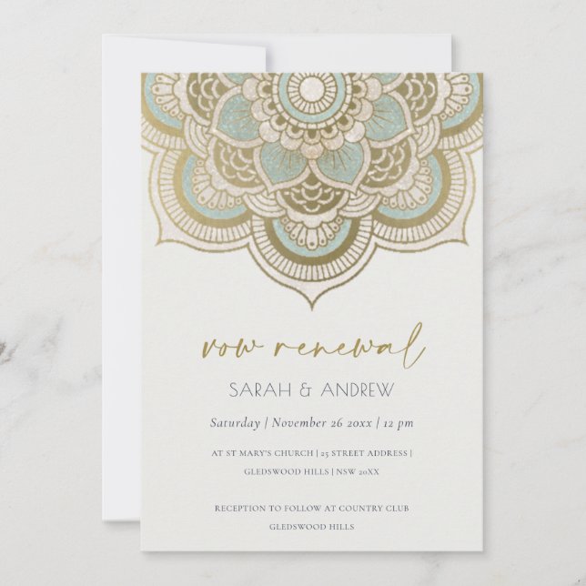 Tarjeta De Agradecimiento Elegante Ornate Gold Verde azulado Mandala Invitac (Anverso)