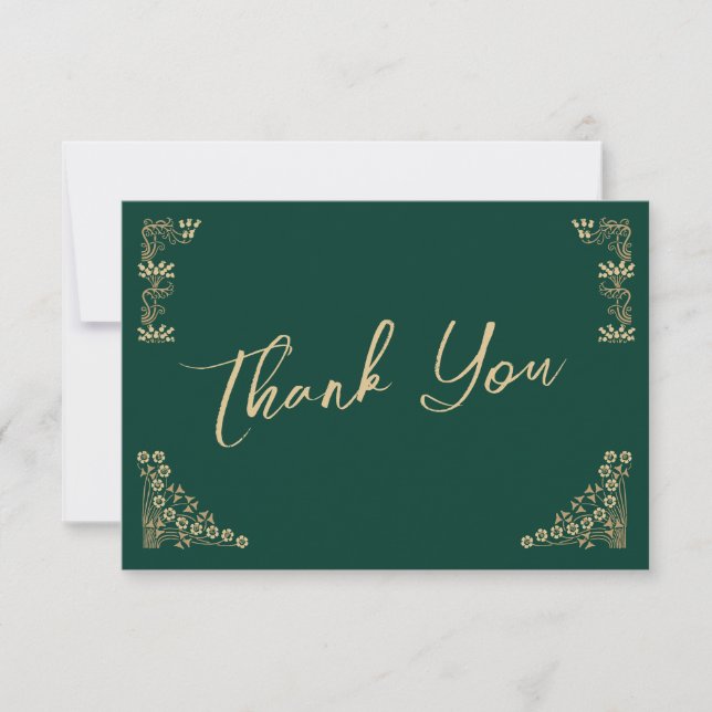 Tarjeta De Agradecimiento Elegante oro Art Deco sobre boda verde (Anverso)