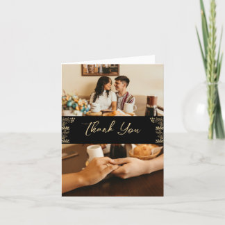Tarjeta De Agradecimiento Elegante oro Art Deco sobre negro, 2 fotos boda T