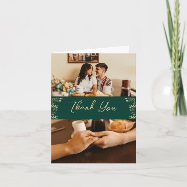 Tarjeta De Agradecimiento Elegante oro Art Deco sobre verde, 2 boda de fotos (Anverso)