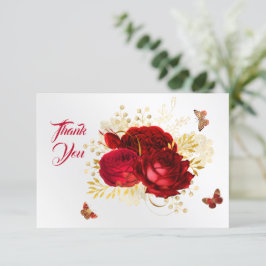 Tarjeta De Agradecimiento Elegante oro de mariposa de rosas rojas