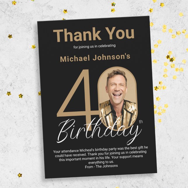 Tarjeta De Agradecimiento Elegante Oro Negro 40 cumpleaños (Elegant Black Gold 40th Birthday Thank You Card)