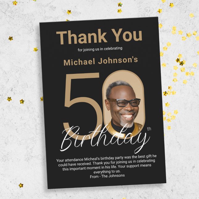 Tarjeta De Agradecimiento Elegante Oro Negro 50 cumpleaños (Elegant Black Gold 50th Birthday Thank You Card)
