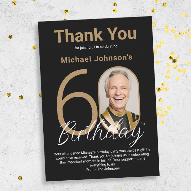 Tarjeta De Agradecimiento Elegante Oro Negro 60 cumpleaños (Elegant Black Gold 60th Birthday Thank You Card)
