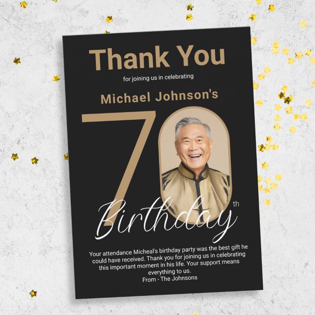 Tarjeta De Agradecimiento Elegante Oro Negro 70 cumpleaños (Elegant Black Gold 70th Birthday Thank You Card)