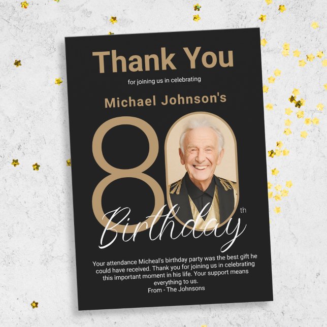 Tarjeta De Agradecimiento Elegante Oro Negro Oro 80 cumpleaños (Elegant Black Gold 80th Birthday Thank You Card)