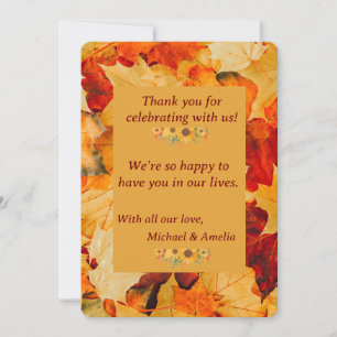 Tarjeta De Agradecimiento Elegante Oro Rojo Otoño Sale de Boda Caída