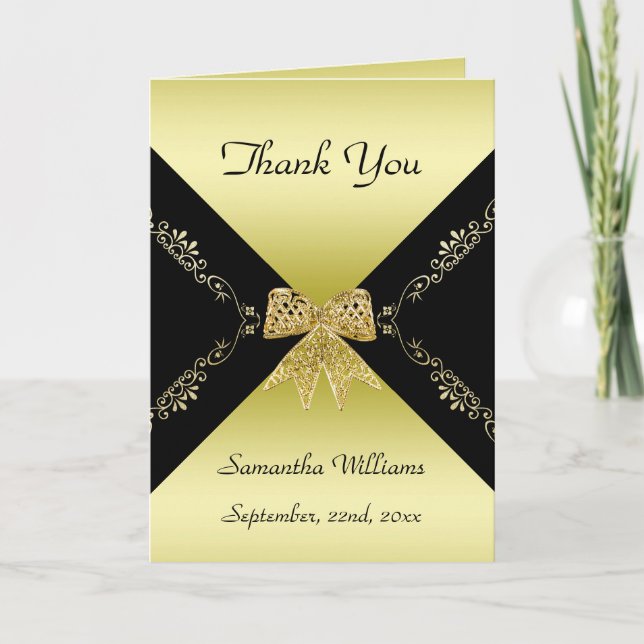 Tarjeta De Agradecimiento Elegante Oro y Negro Decorativo Bow Gracias (Anverso)