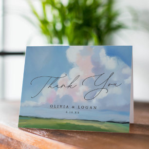 Tarjeta De Agradecimiento Elegante Paisaje Pintado Cielo Azul Nubes Boda
