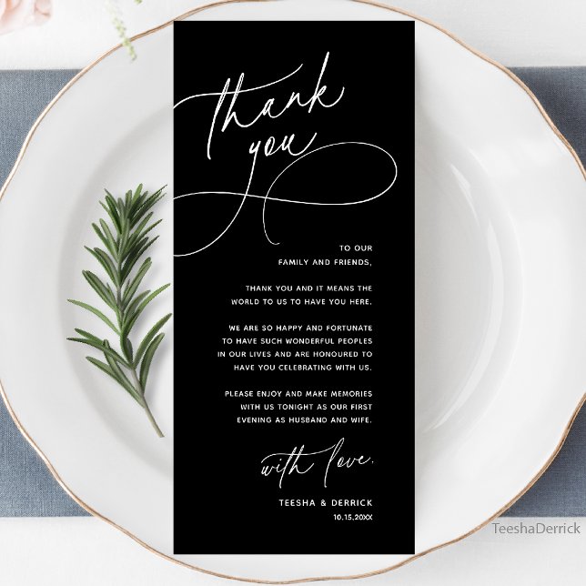 Tarjeta de agradecimiento elegante para recepción  (Wedding Table Thank You Elegant Reception Dinner Card in black and white)