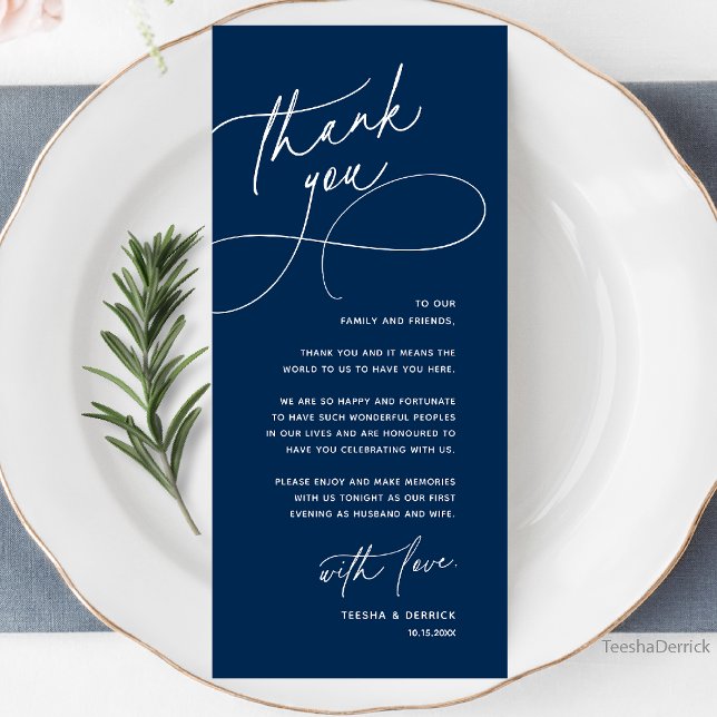 Tarjeta de agradecimiento elegante para recepción  (Wedding Table Thank You Elegant Reception Dinner Card in navy blue)