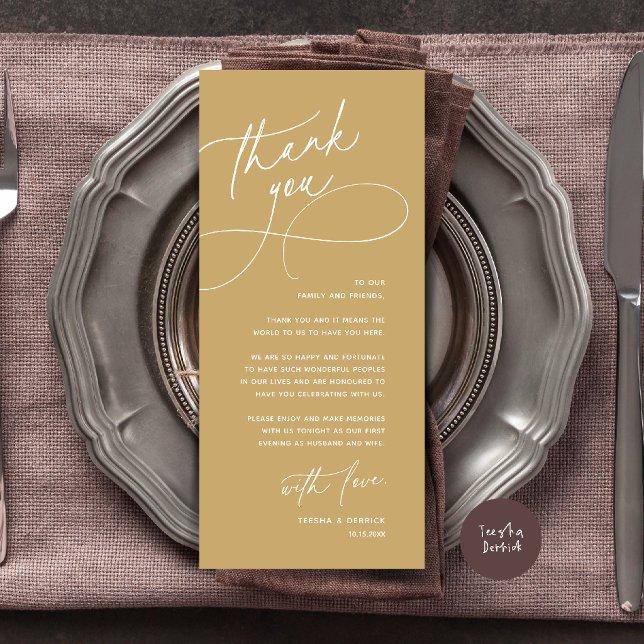 Tarjeta de agradecimiento elegante para recepción  (Wedding Table Thank You Elegant Reception Card in Champagne Gold)