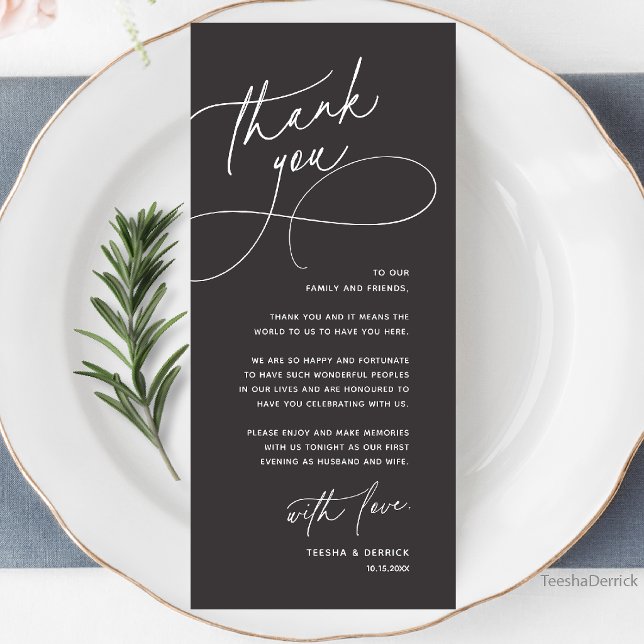 Tarjeta de agradecimiento elegante para recepción  (Wedding Table Thank You Elegant Reception Dinner Card in charcoal grey)
