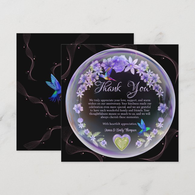 Tarjeta De Agradecimiento Elegante Pareja de Aniversario de Boda Floral Púrp (Anverso / Reverso)