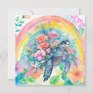 Tarjeta De Agradecimiento Elegante Pastel Acuarela Floral Tortuga de mar