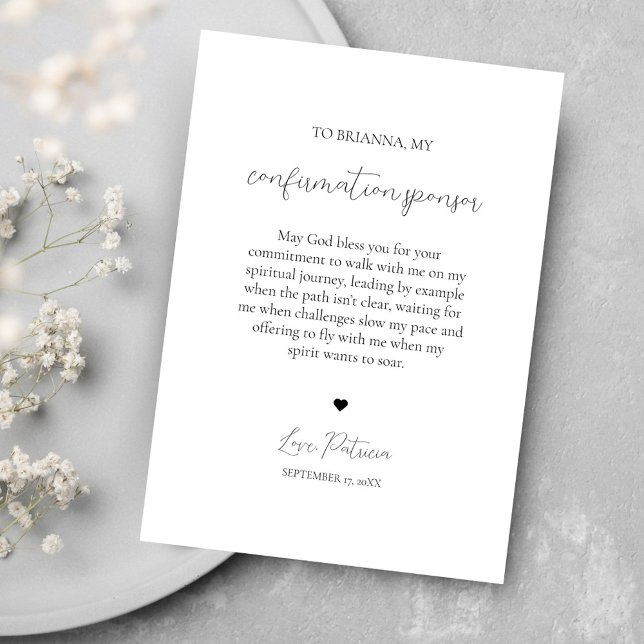 Tarjeta De Agradecimiento Elegante patrocinador moderno de confirmación Tarj (Modern Black and White Elegant Confirmation Sponsor Gift Thank You Card Flat Minimalist Design)