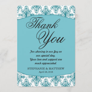 Tarjeta De Agradecimiento Elegante patrón de damasco blanco y azul de la bah