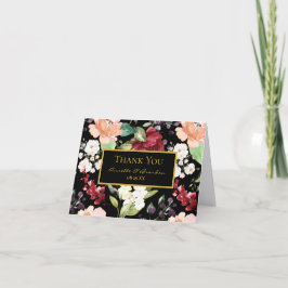 Tarjeta De Agradecimiento Elegante patrón floral Black Gold Burgundy Rubor