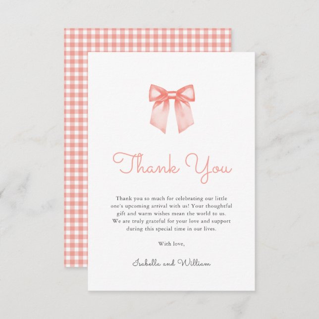 Tarjeta De Agradecimiento Elegante Peach Bow Baby Shower (Anverso / Reverso)