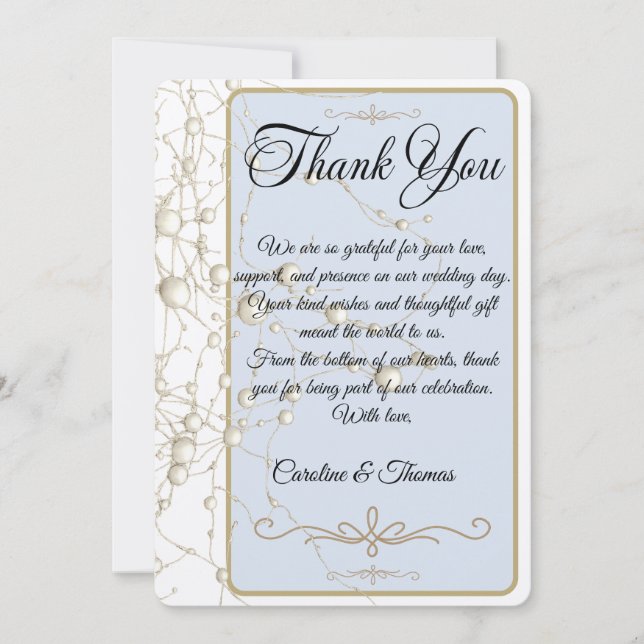 Tarjeta De Agradecimiento Elegante Pearl Gold Script Boda Perlas románticas (Anverso)
