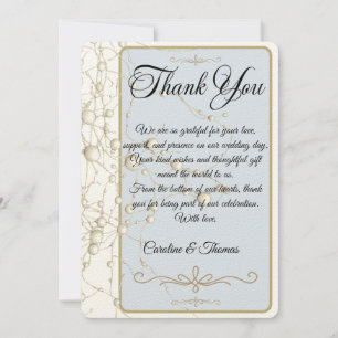 Tarjeta De Agradecimiento Elegante Pearl Gold Script Boda Perlas románticas