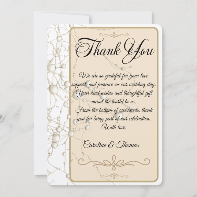 Tarjeta De Agradecimiento Elegante Pearl Gold Script Boda Perlas románticas (Anverso)