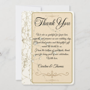 Tarjeta De Agradecimiento Elegante Pearl Gold Script Boda Perlas románticas