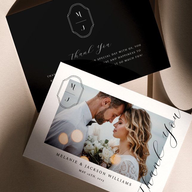 Tarjeta De Agradecimiento Elegante Personalizado de guión Monograma Boda Fot (Subido por el creador)