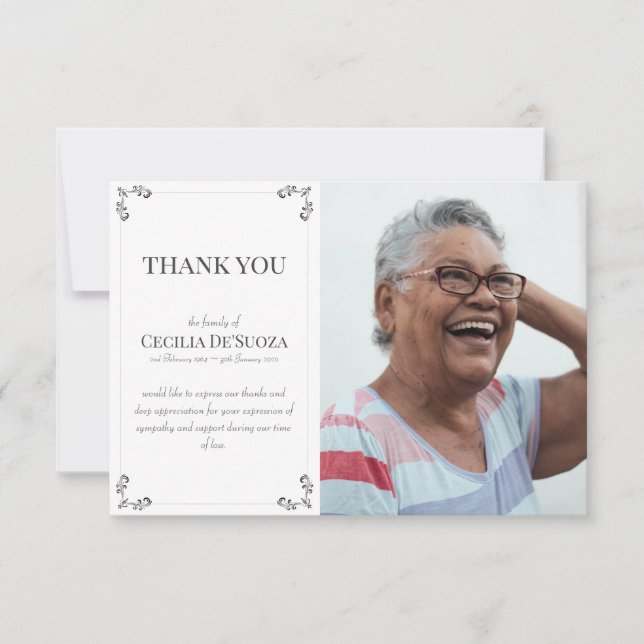 Tarjeta De Agradecimiento Elegante Personalizado Foto Simpatía Funeral Blanc (Anverso)