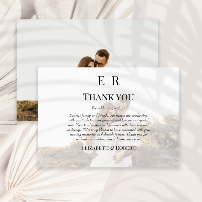 Tarjeta De Agradecimiento Elegante Personalizado Monograma Boda de fotografí (Elegant Monogram Custom Photo Wedding Thank You Card on a sunny neutral dry palm leaf.)